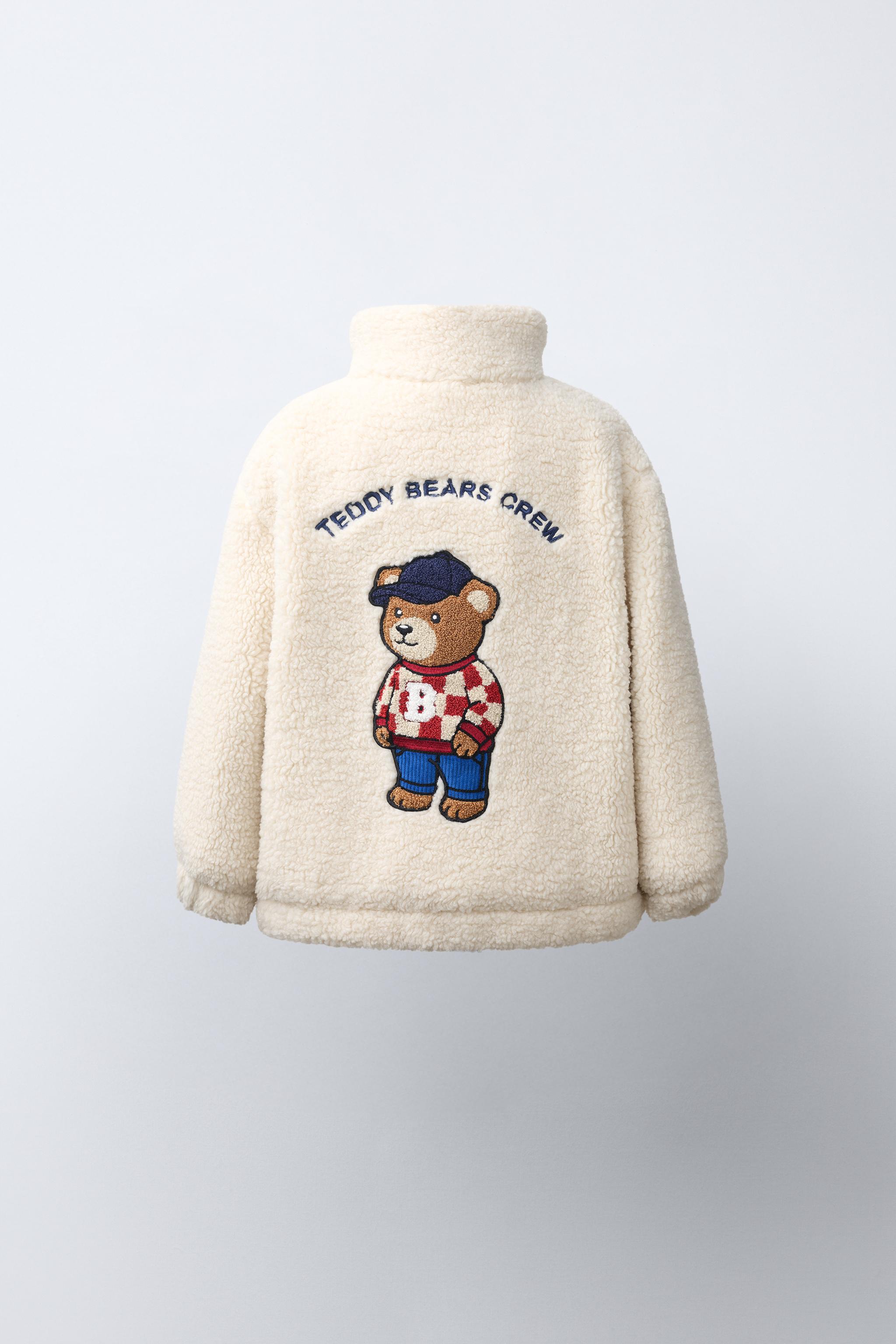 BEAR EMBROIDERY FAUX SHEARLING JACKET